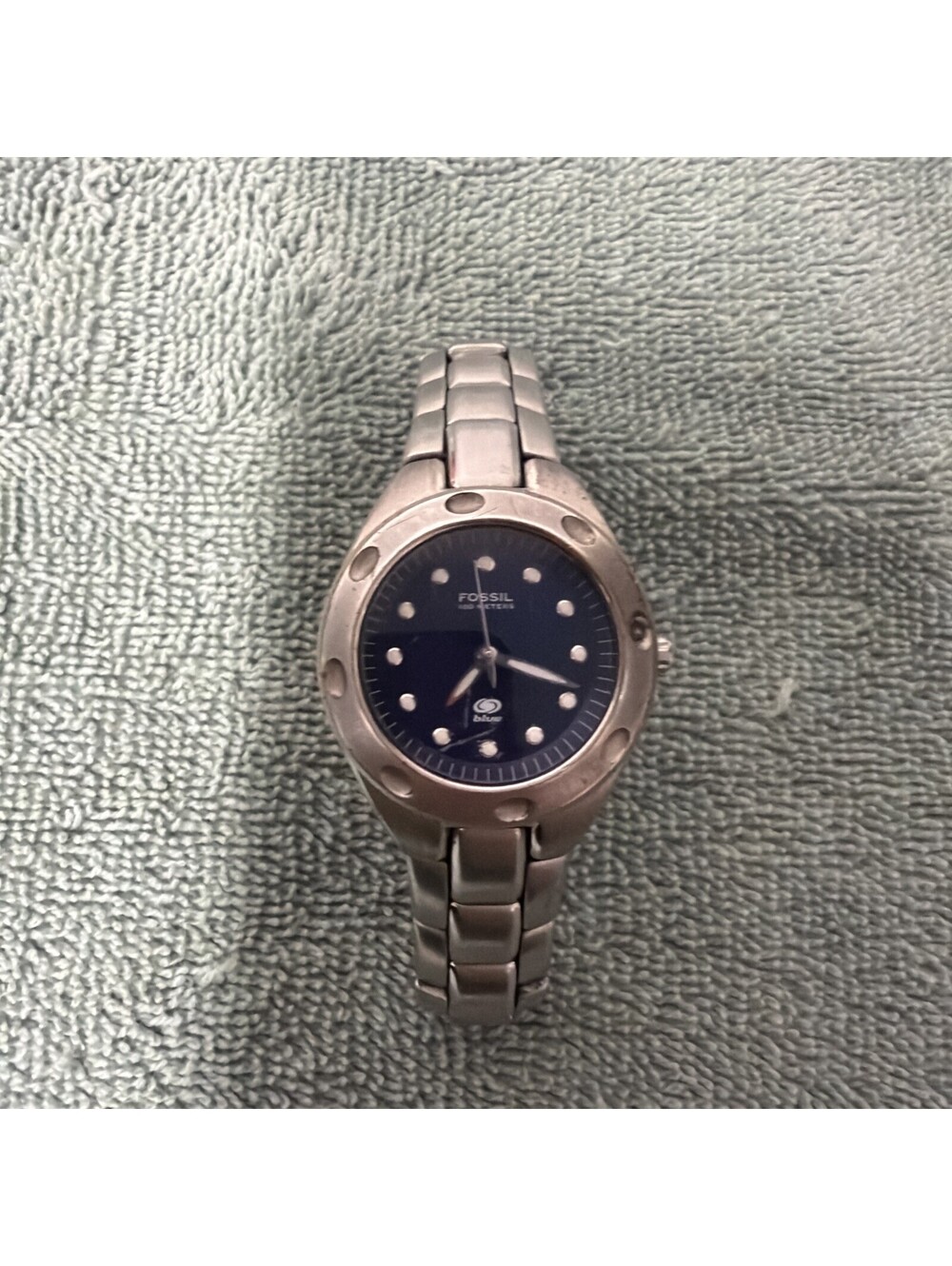 Fossil Watch Blue Women AM-3320 Fashion Rotating Silver Tone Quartz 29mm 6 1/2"